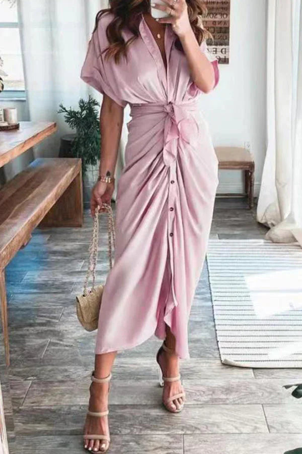 Zarif Düz Renk Kesitli Pileli Elbise - Riosso