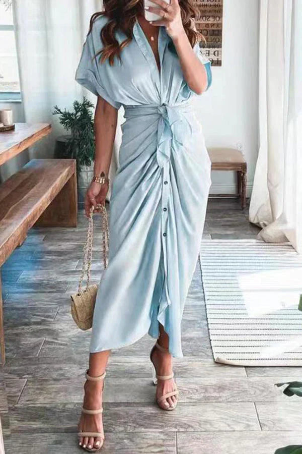 Zarif Düz Renk Kesitli Pileli Elbise - Riosso