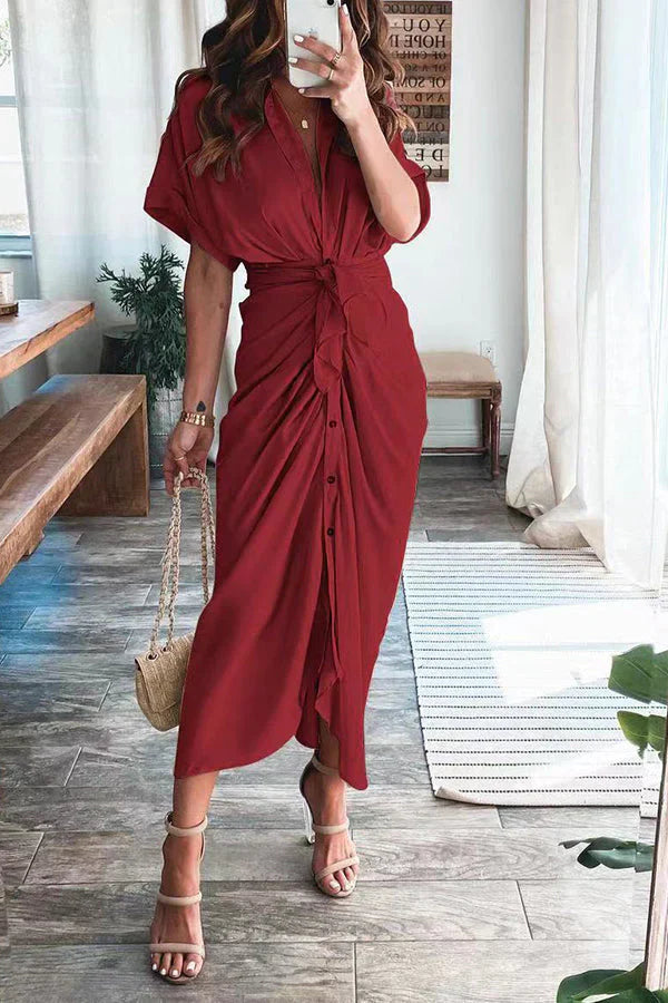 Zarif Düz Renk Kesitli Pileli Elbise - Riosso