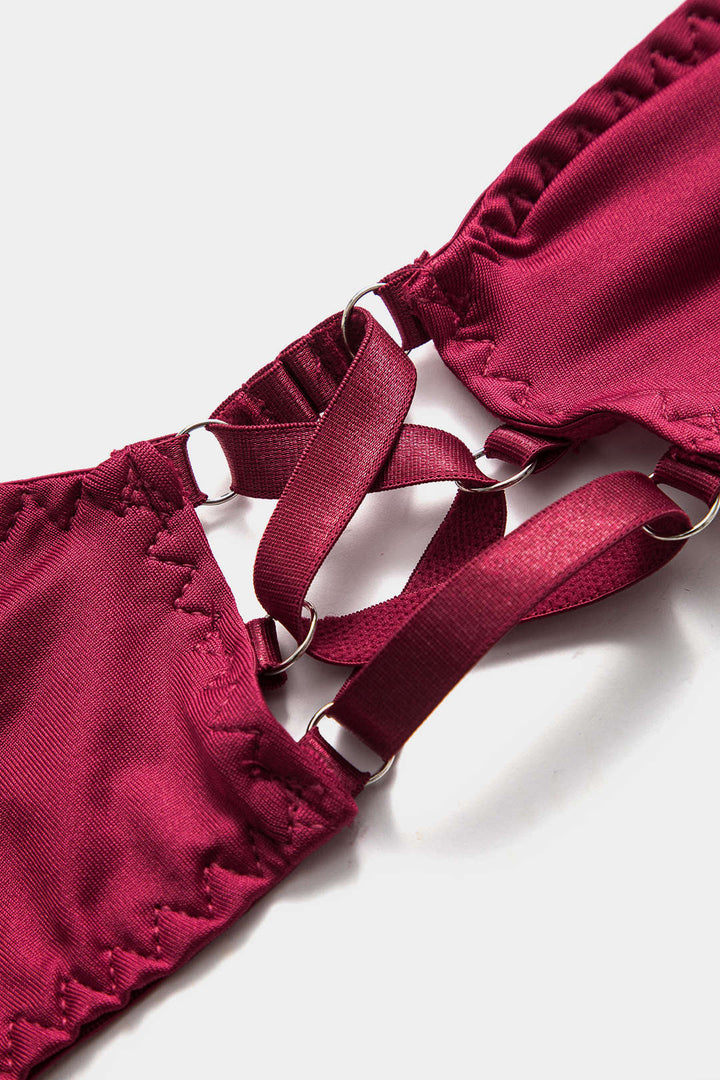 Choker Bağlama Öndeki Kesik Detaylı Lingerie Garter Seti ve Eldiven