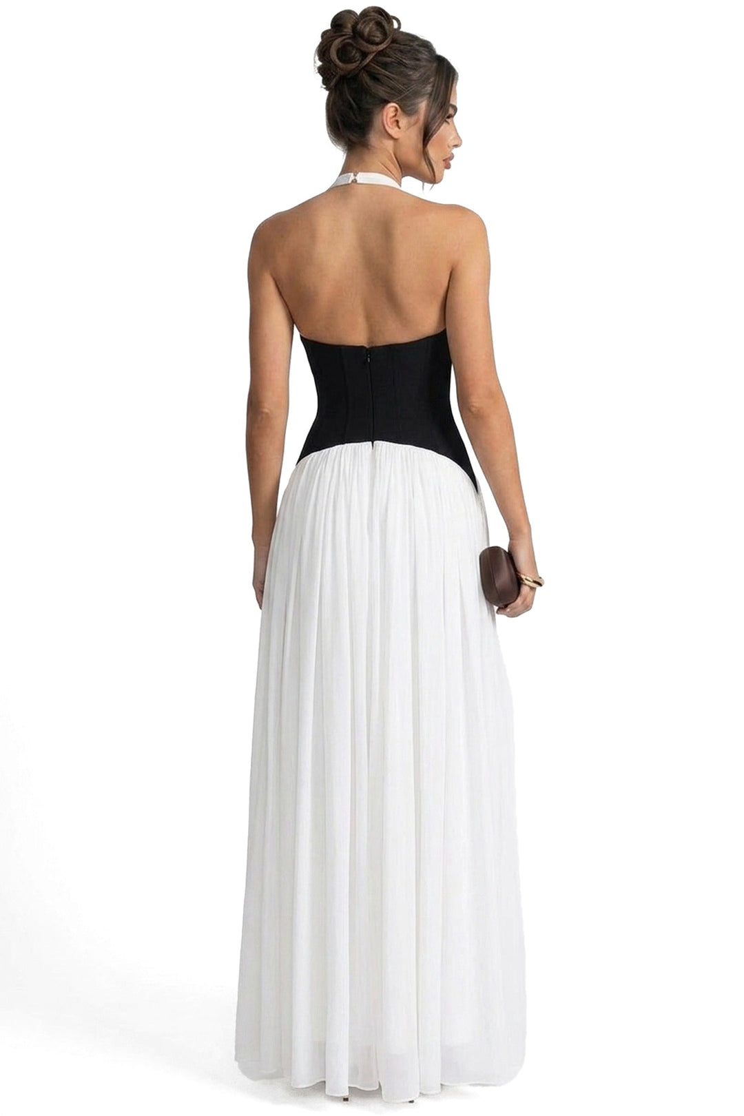 Agathe Halter Neck Pleated Gown With Contrast Corset Waistband - White
