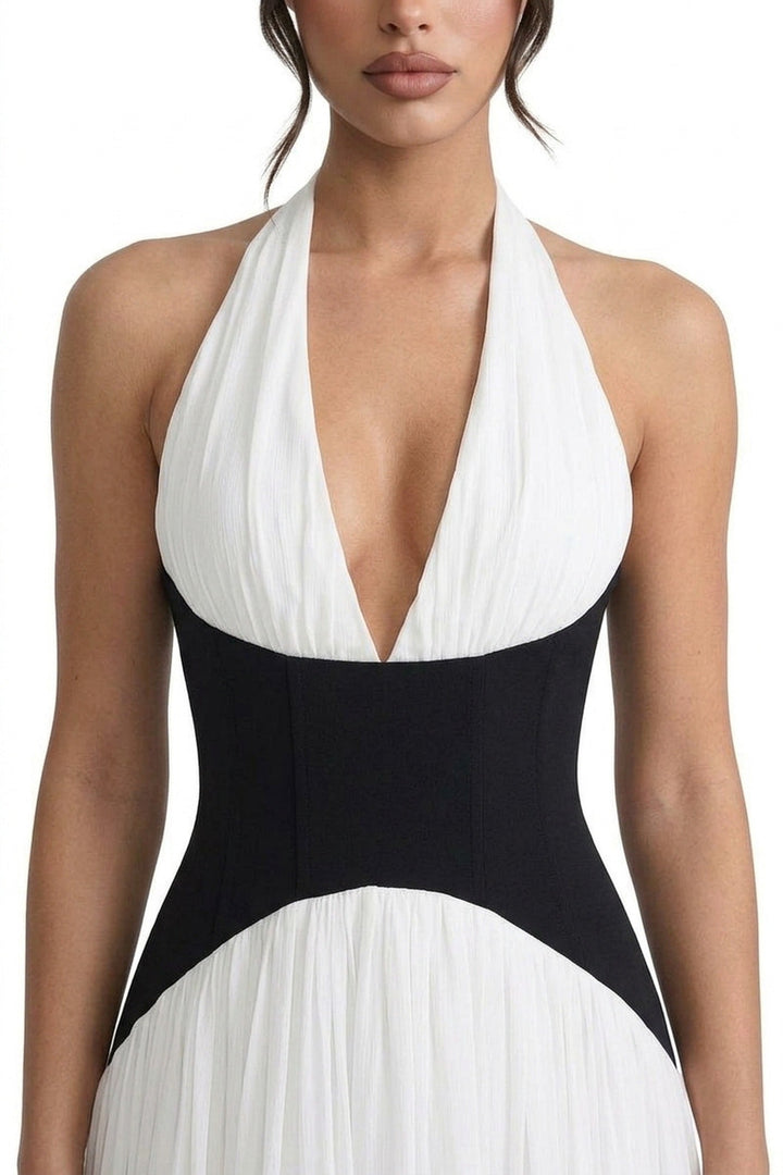 Agathe Halter Neck Pleated Gown With Contrast Corset Waistband - White
