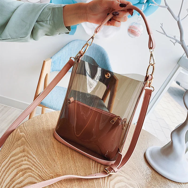 Şeffaf PVC Kadın Çanta Seti – 2’li Omuz ve Kova Çanta