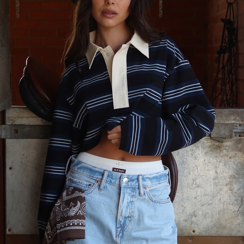 Çizgili Uzun Kollu Polo Yaka Üst