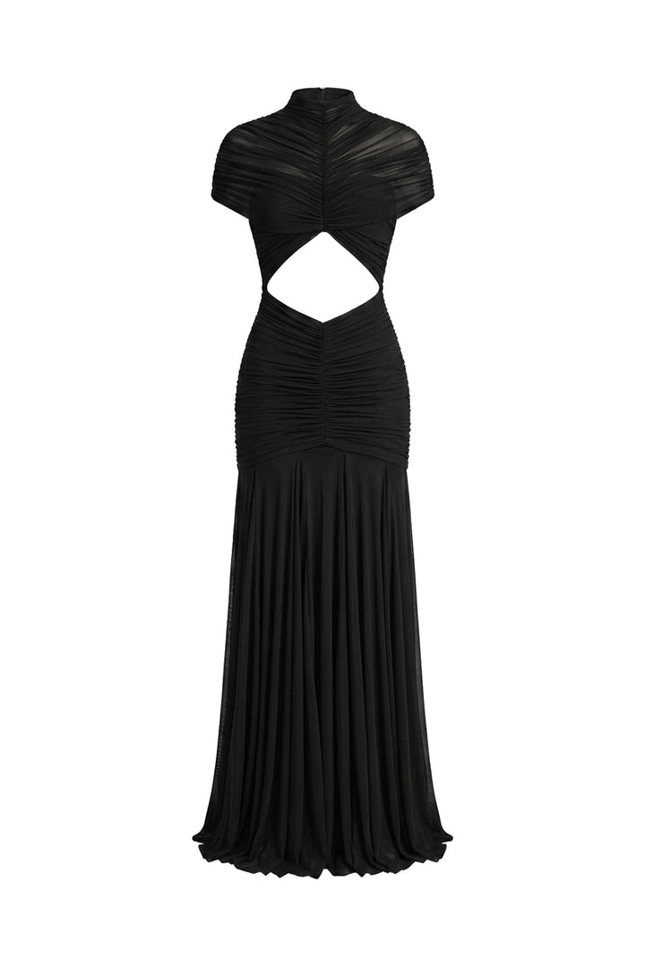 Odette Ruched Twist-Front Maxi Dress With Cutout Waist - Black