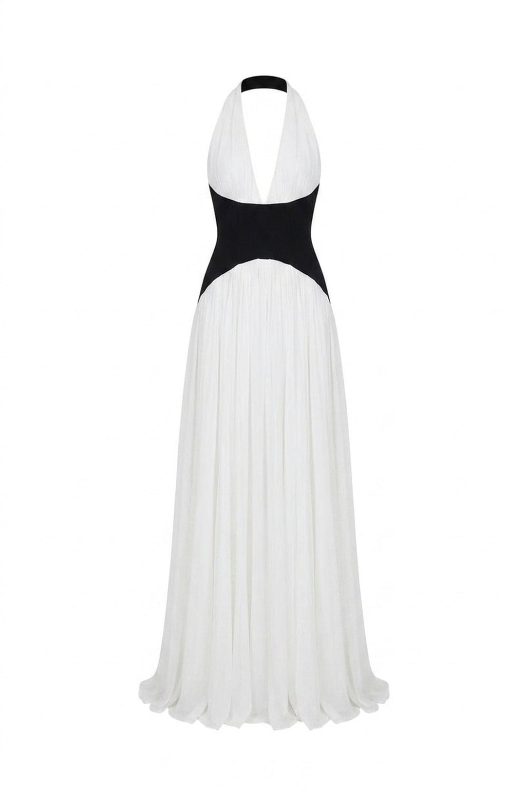 Agathe Halter Neck Pleated Gown With Contrast Corset Waistband - White