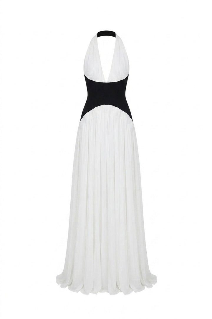 Agathe Halter Neck Pleated Gown With Contrast Corset Waistband - White