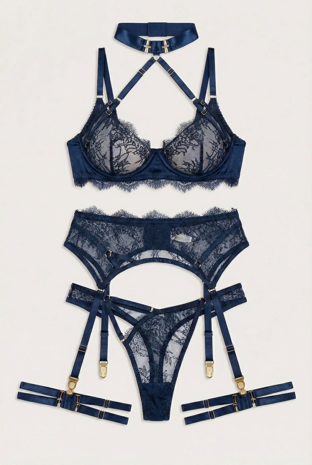 Sheer Lace Harness Lace Lingerie Set - Navy
