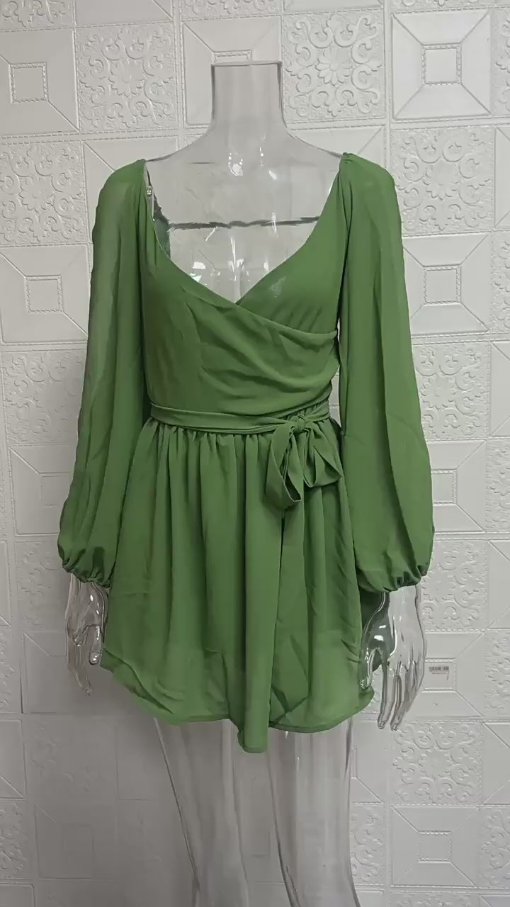 Uzun Kol Detaylı Volanlı Mini Elbise