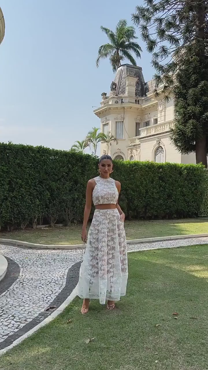 Çiçek Dantel Crop Bluz ve Maxi Etek Seti