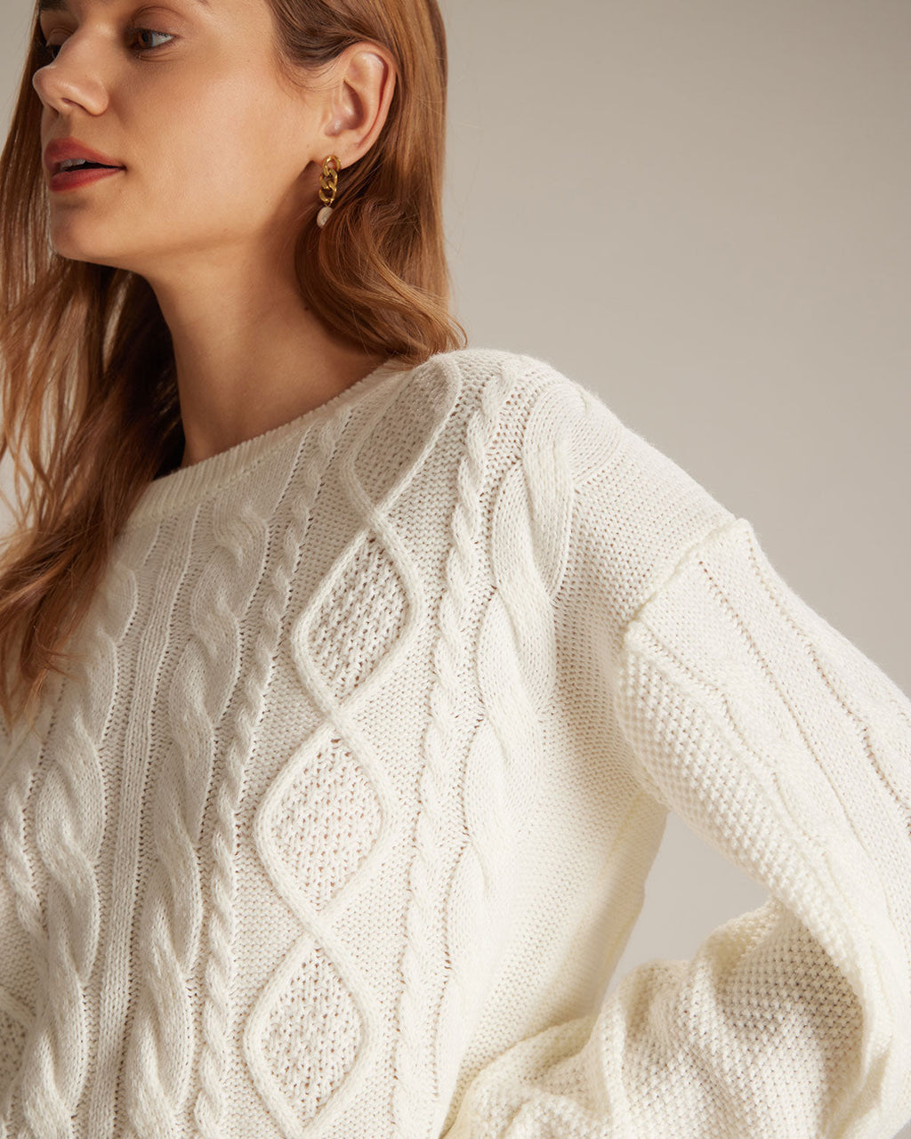 Bej Renkli Yuvarlak Yaka Ribana Kablo Kazak