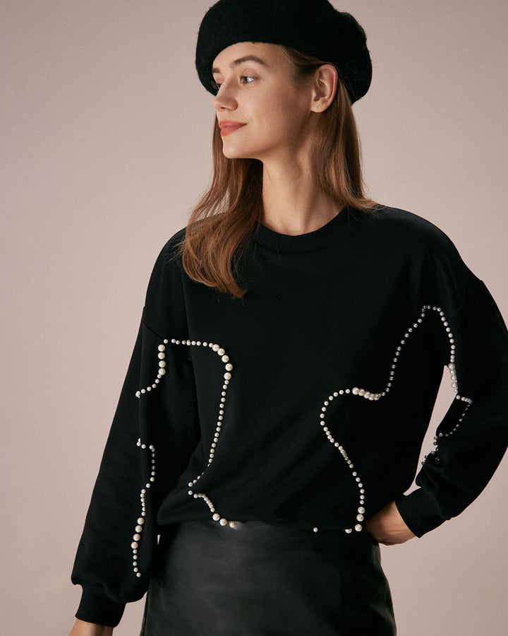 Siyah Bisiklet Yaka İnci Detaylı Sweatshirt
