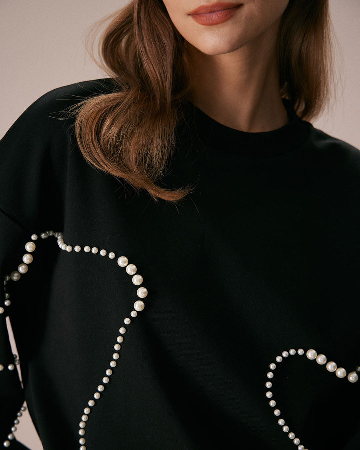 Siyah Bisiklet Yaka İnci Detaylı Sweatshirt