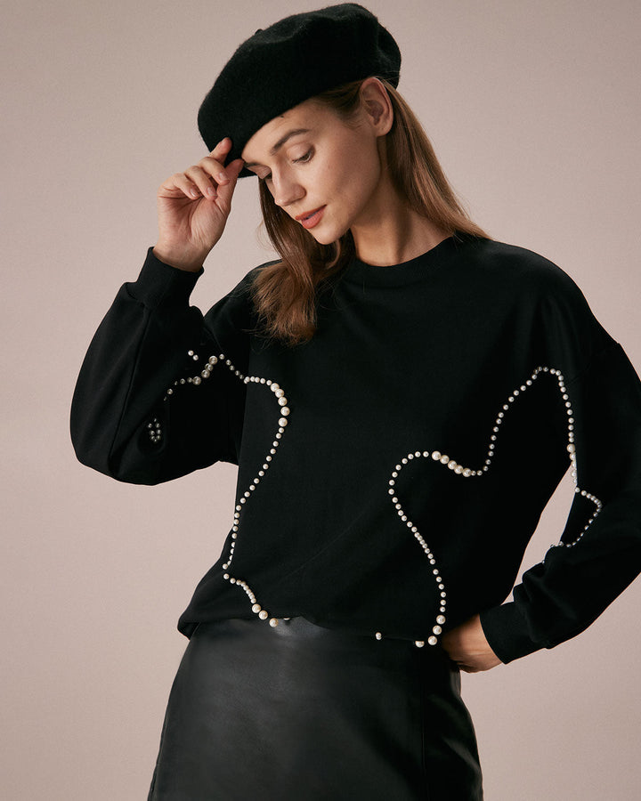 Siyah Bisiklet Yaka İnci Detaylı Sweatshirt
