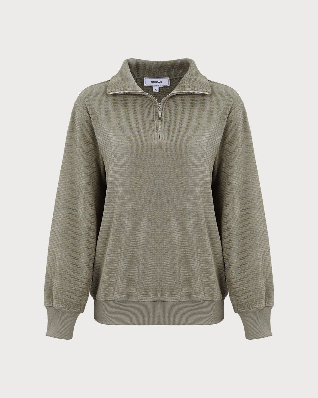 Yeşil Yarım Fermuarlı Düşük Omuzlu Sweatshirt