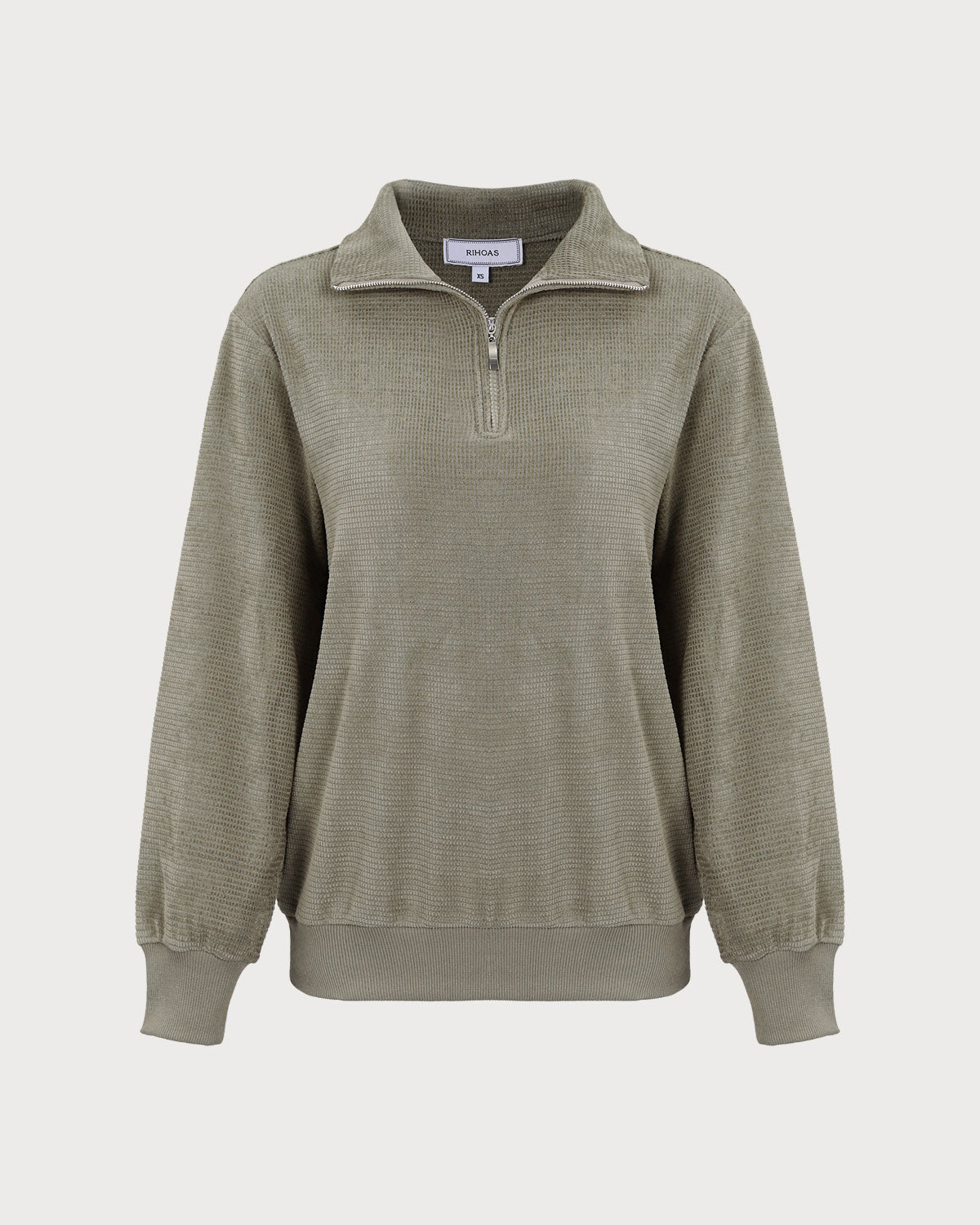 Yeşil Yarım Fermuarlı Düşük Omuzlu Sweatshirt