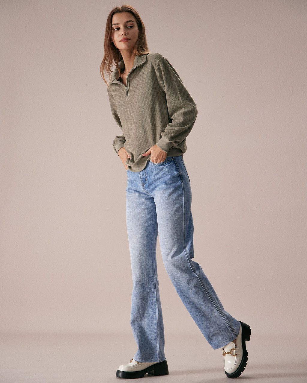 Yeşil Yarım Fermuarlı Düşük Omuzlu Sweatshirt