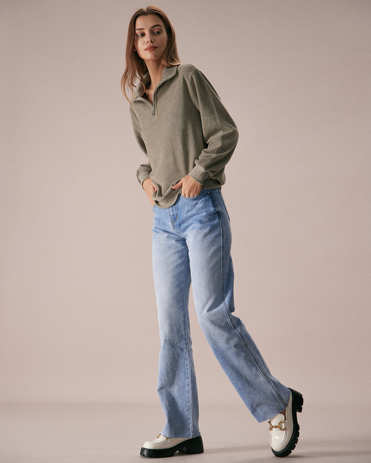 Yeşil Yarım Fermuarlı Düşük Omuzlu Sweatshirt