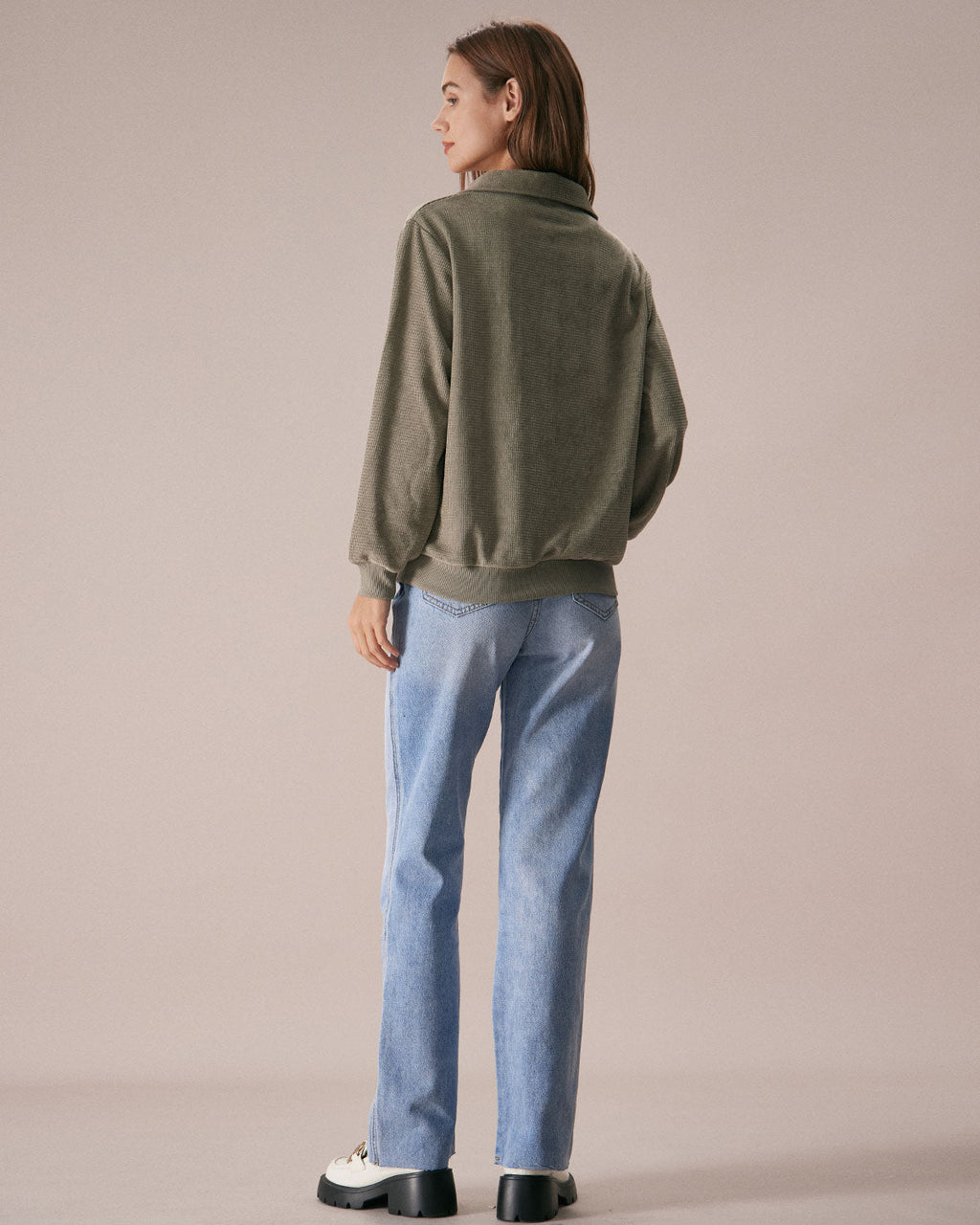 Yeşil Yarım Fermuarlı Düşük Omuzlu Sweatshirt