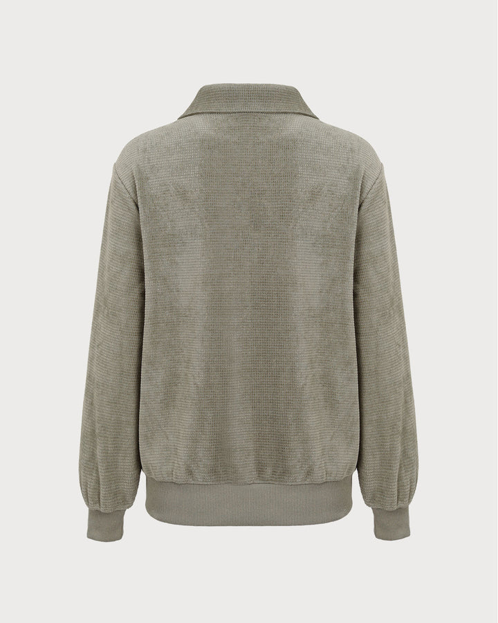 Yeşil Yarım Fermuarlı Düşük Omuzlu Sweatshirt