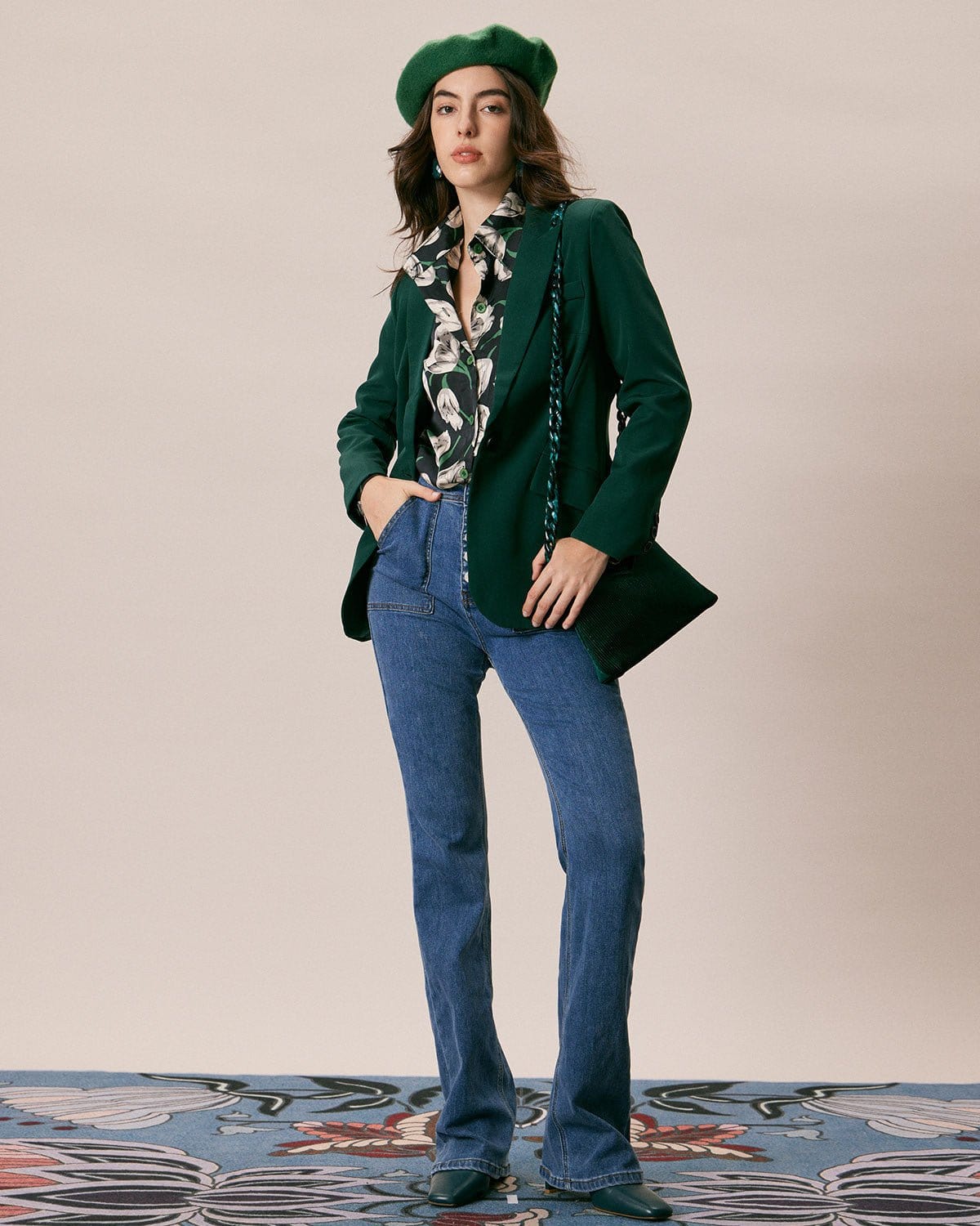 Yeşil Lapel Yaka Tek Düğmeli Blazer