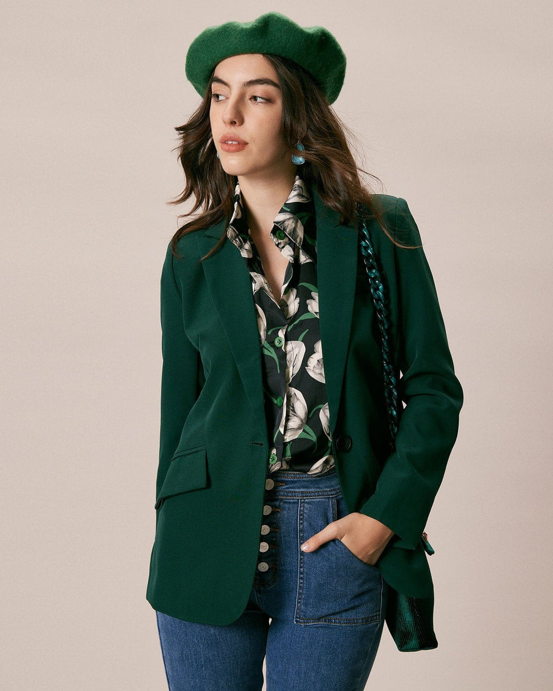 Yeşil Lapel Yaka Tek Düğmeli Blazer