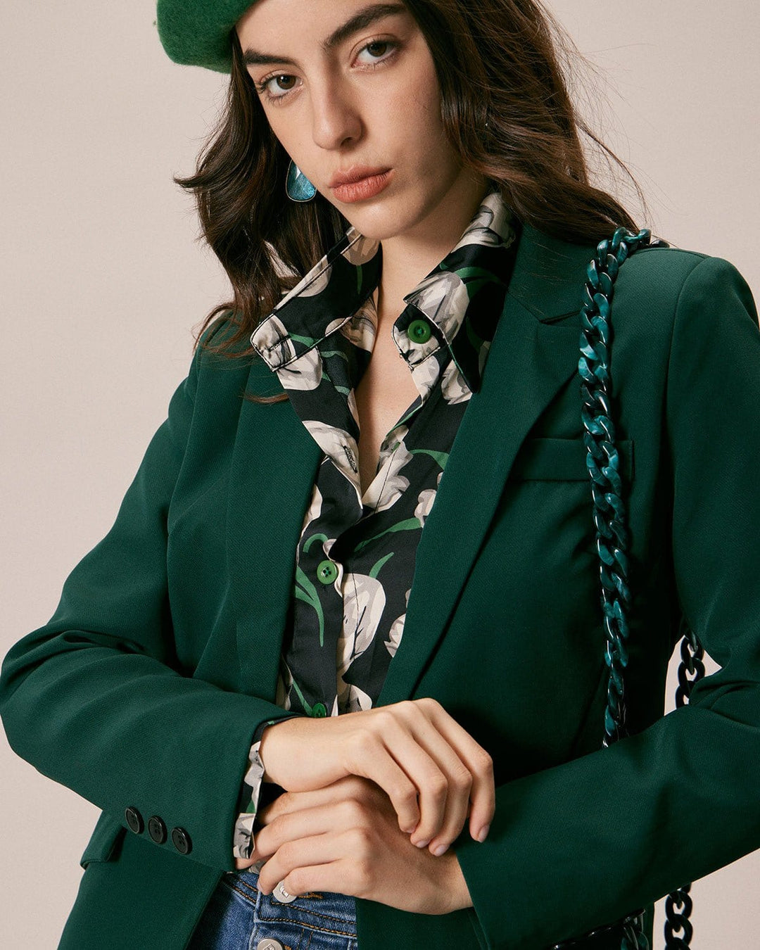 Yeşil Lapel Yaka Tek Düğmeli Blazer
