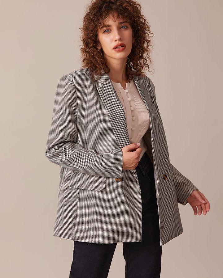 Kahverengi Lapel Houndstooth Düğmeli Blazer