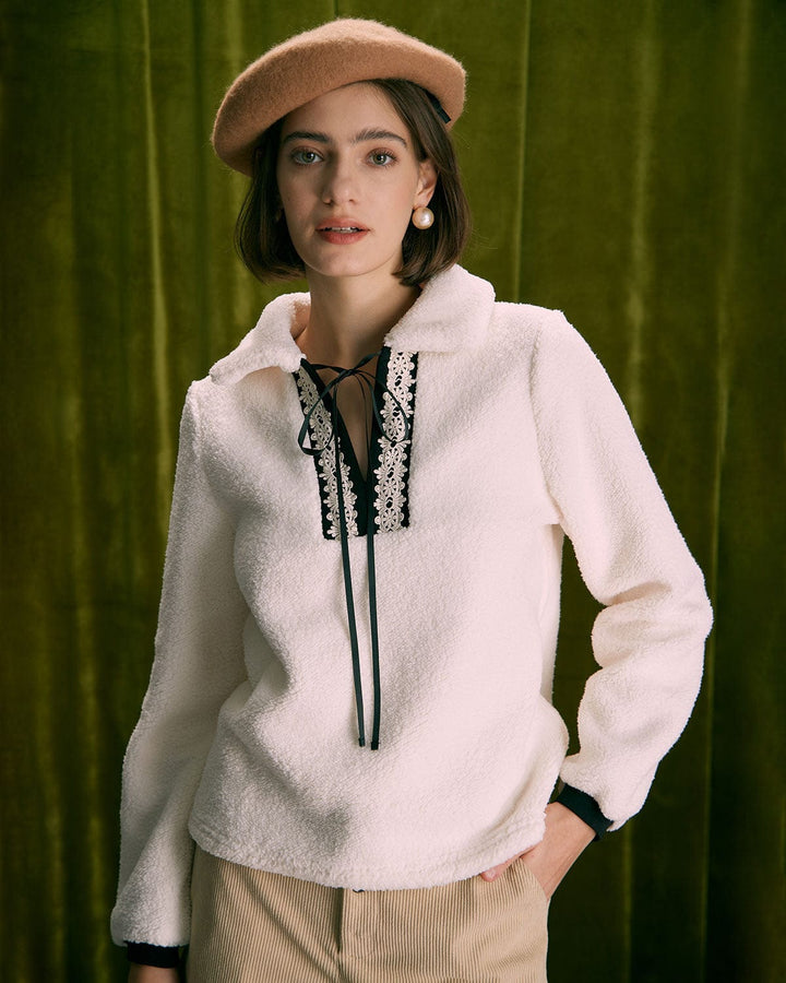 Bej Renkli V Yaka Yamanalı Teddy Sweatshirt