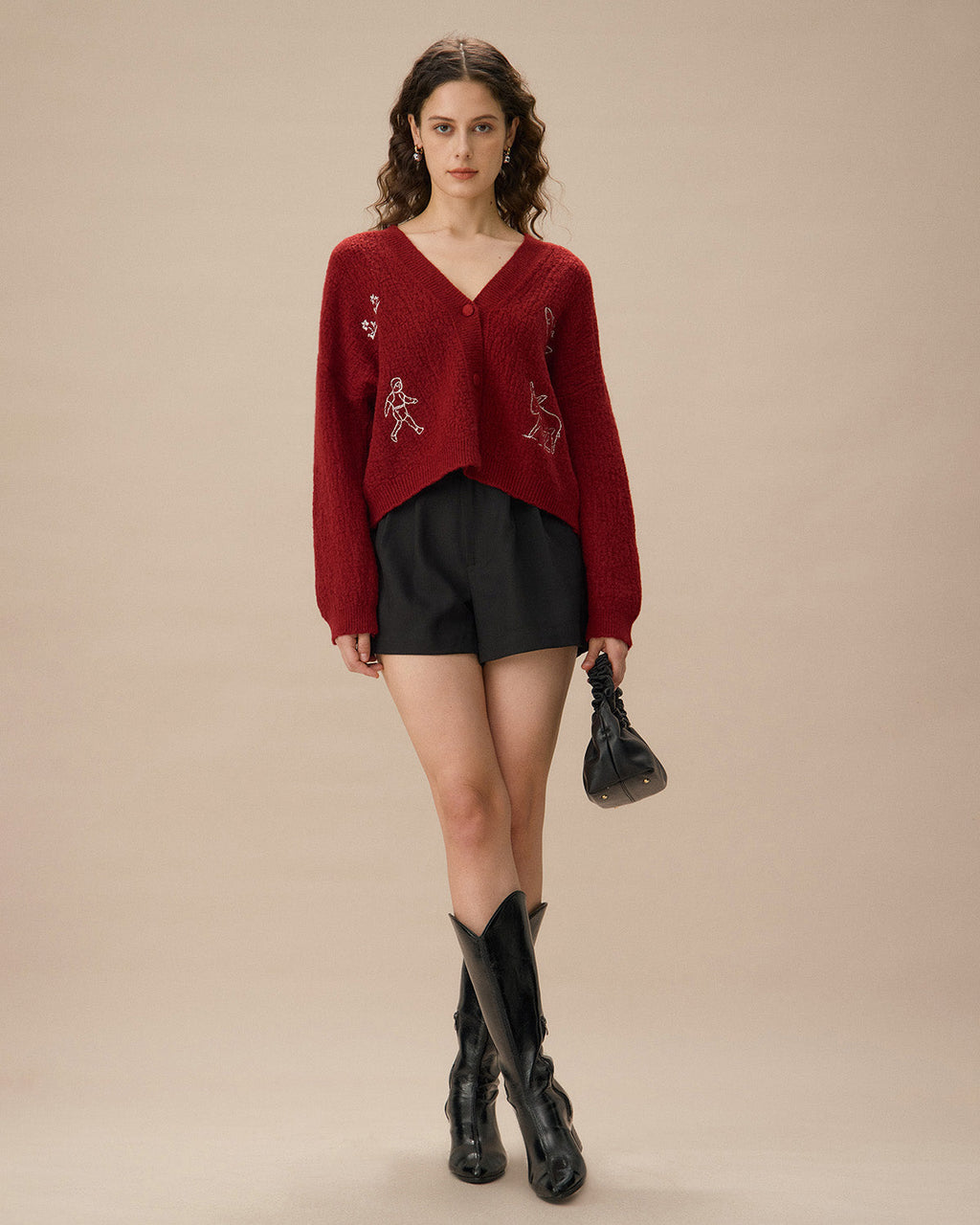 Kırmızı V Yaka Düşük Omuz Düğmeli Hırka