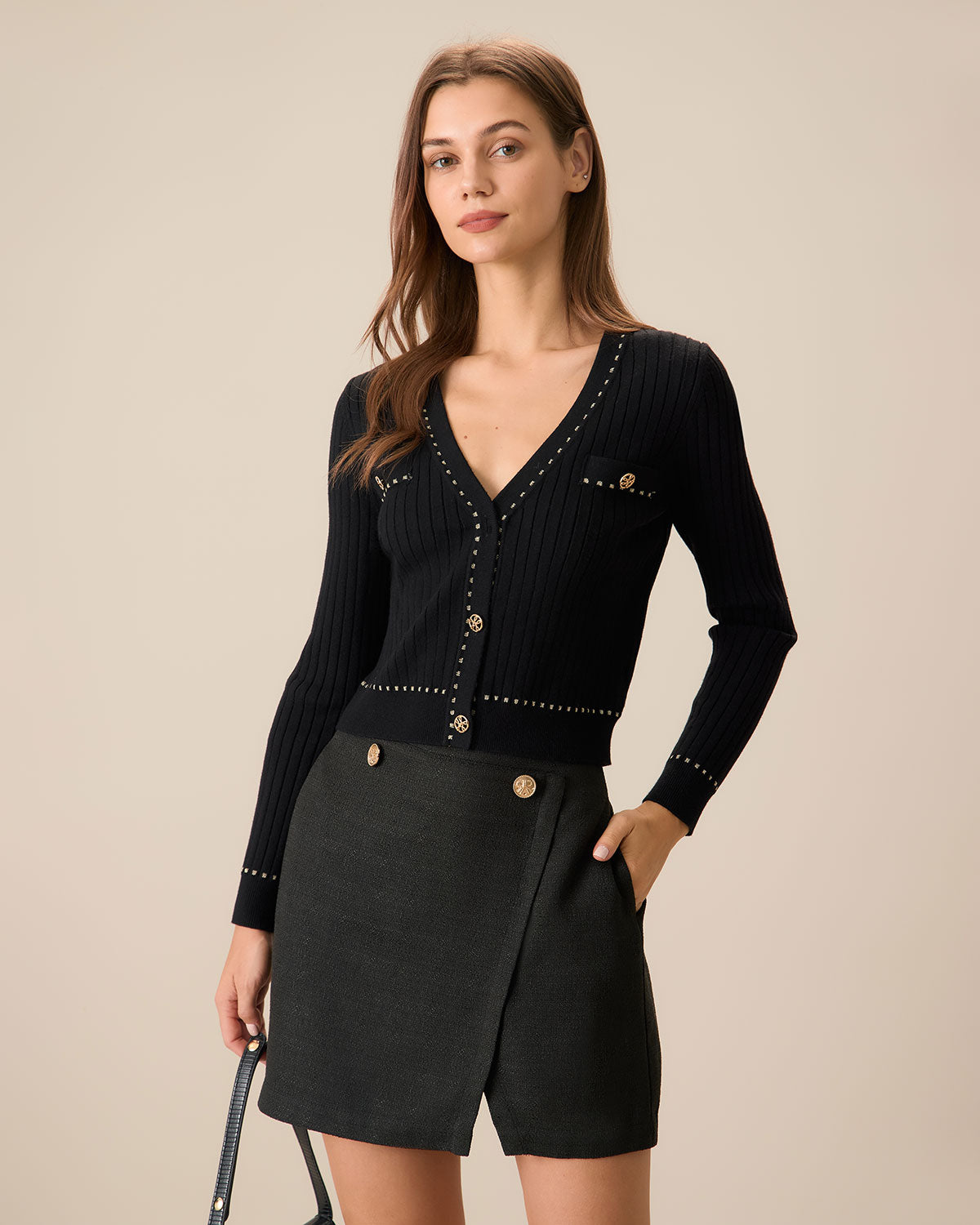 Siyah Kontrast Tek Düğmeli Hırka