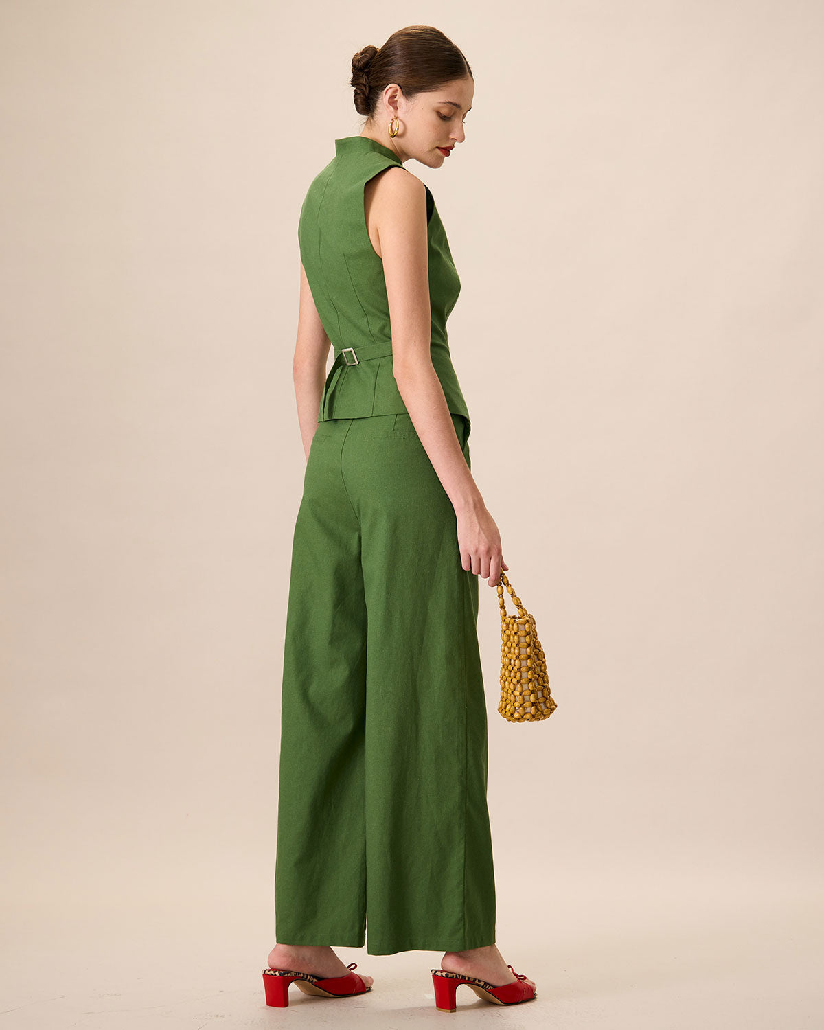 Yeşil Yüksek Bel Pamuklu Keten Bol Paça Pantolon