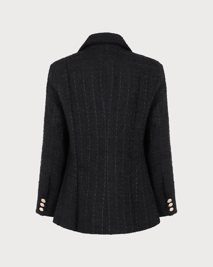 Siyah Çift Sıra Düğmeli Tweed Blazer