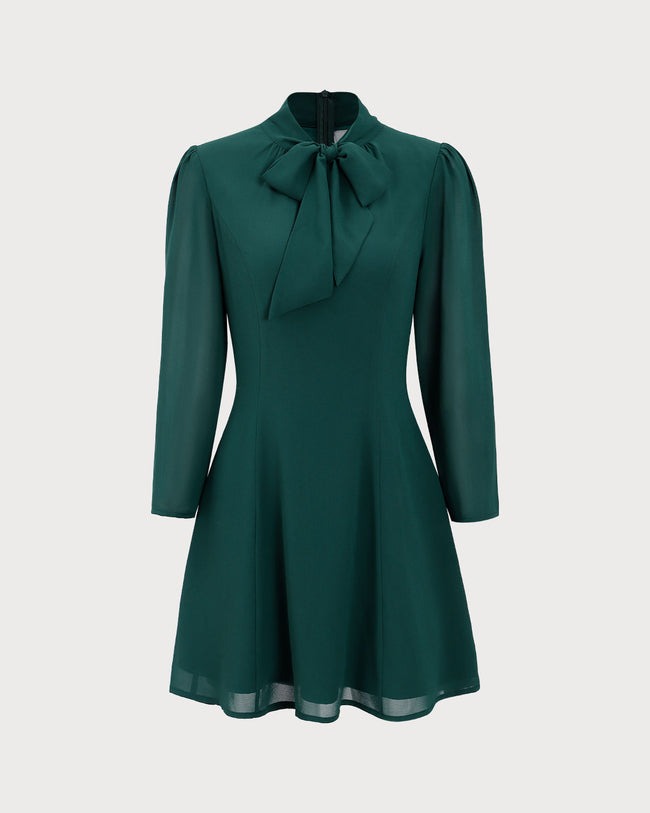 Yeşil Fiyonklu Transparan Mini Elbise