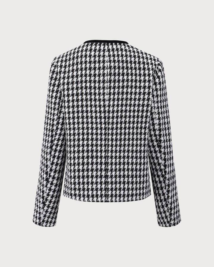Siyah Tek Düğmeli Cepli Tweed Ceket