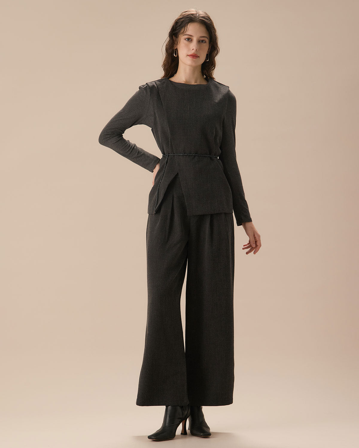 Gri Pileli Düz Geniş Paça Pantolon