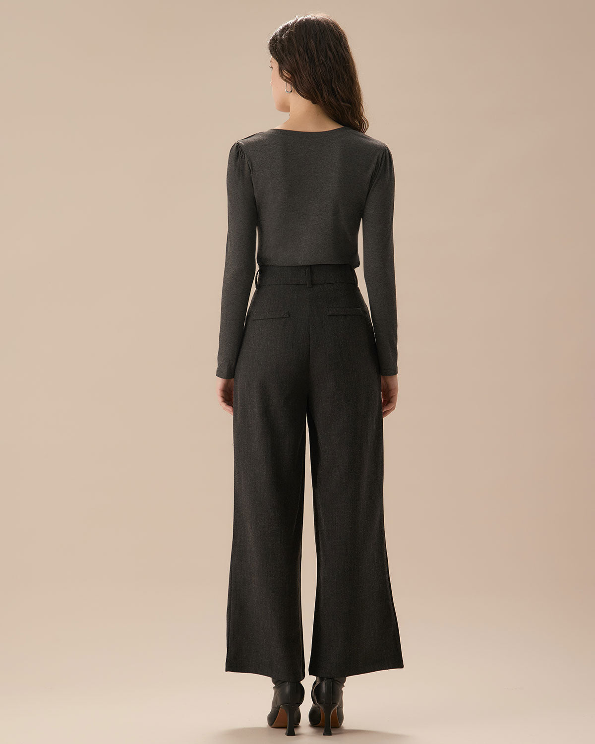 Gri Pileli Düz Geniş Paça Pantolon