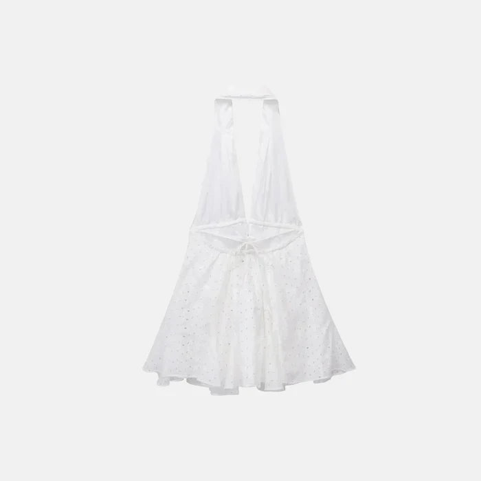 Halter Yaka Pamuklu Dantel Mini Elbise